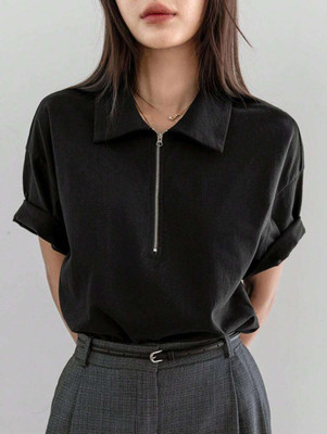 SIXTEENLINES Solid Women Zip Neck Reversible Black T-Shirt
