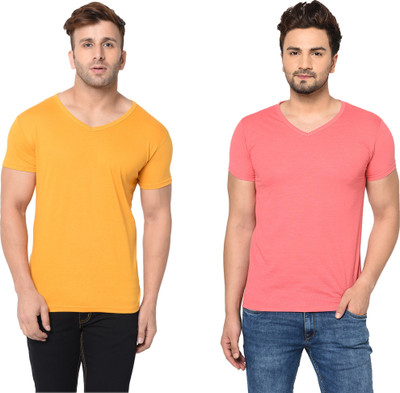 Adorbs Trend Solid Men V Neck Pink, Yellow T-Shirt