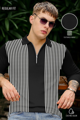 KAJARU Striped Men Polo Neck Grey T-Shirt