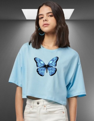 EKKANIYA Solid Women Round Neck Blue T-Shirt