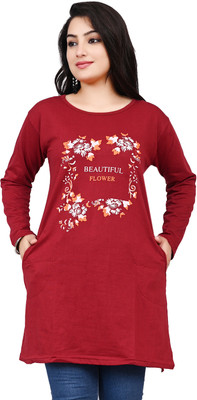 NG Store Floral Print Women Round Neck Maroon T-Shirt