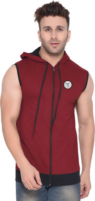GEUM Printed Men Hooded Neck Maroon, Black T-Shirt