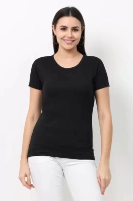 Smrink Solid Women Round Neck Black T-Shirt