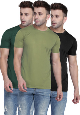 TQH Solid Men Round Neck Light Green, Green, Black T-Shirt