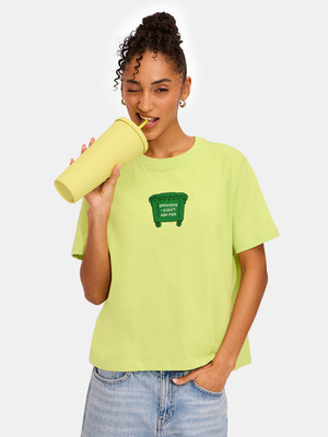 The Souled Store Graphic Print Women Round Neck Green T-Shirt