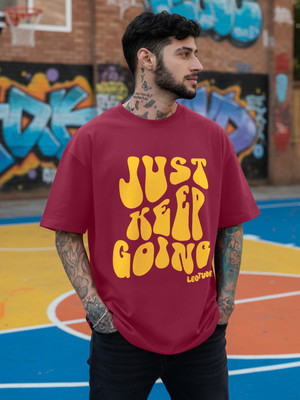 JUST ROAR Printed Men Round Neck Maroon T-Shirt