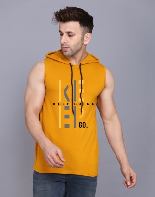 SLOWLORIS Printed Men Hooded Neck Yellow, White T-Shirt