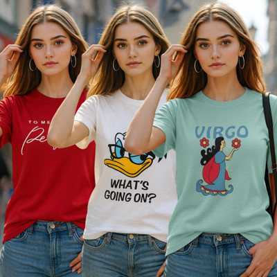 Fabflee Solid, Printed Women Round Neck Multicolor T-Shirt