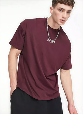 sms creation Printed Men Round Neck Maroon T-Shirt