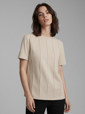 ALISBA Solid Women Round Neck Beige T-Shirt