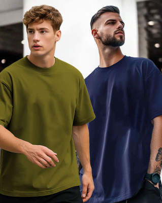 AOOSH Solid Men Round Neck Dark Green, Navy Blue T-Shirt