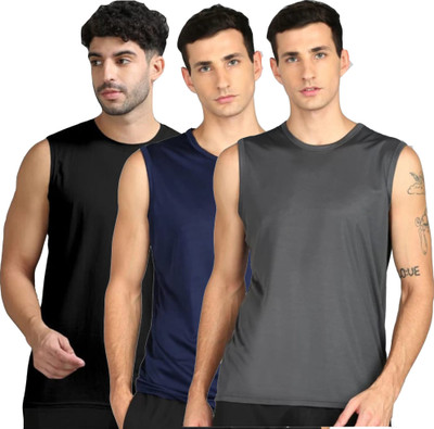 Moordale Solid Men Round Neck Black, Dark Blue, Grey T-Shirt