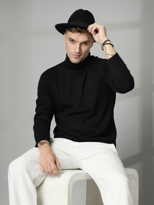 CHKOKKO Solid Men Turtle Neck Black T-Shirt