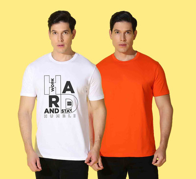 WOOSTRO Printed, Solid Men Crew Neck White, Orange T-Shirt