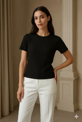 ORIFAB Solid Women Round Neck Black T-Shirt