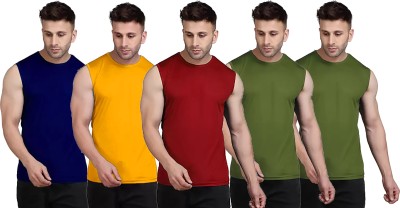 Think Tech Solid Men Round Neck Dark Blue, Yellow, Maroon, Dark Green T-Shirt