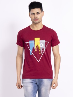 wash and wear Printed Men Round Neck Maroon T-Shirt