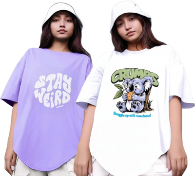 R S Fashion Printed Women Round Neck Purple, White T-Shirt