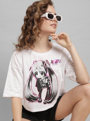 Hatsune Miku By Free Authority Printed Women Round Neck White T-Shirt