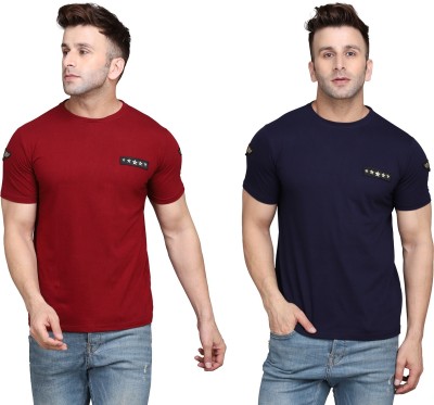 GEUM Solid Men Round Neck Dark Blue, Maroon T-Shirt