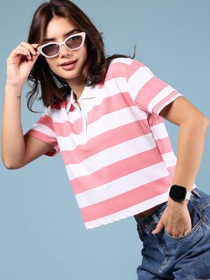 V-MART Striped Women Polo Neck Pink T-Shirt