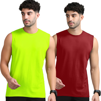 Adorbs Solid Men Round Neck Green, Maroon T-Shirt