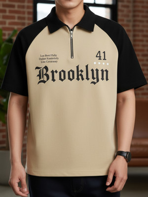 Jump Cuts Printed Men Polo Neck Beige, Black T-Shirt