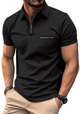 COMBRAIDED Self Design Men Polo Neck Black T-Shirt