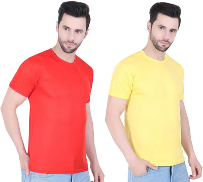 SCA Solid Men Round Neck Red, Yellow T-Shirt