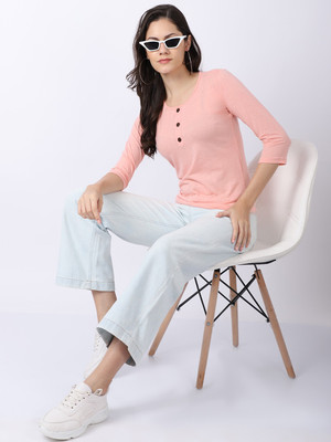 FEBIA Solid Women Round Neck Pink T-Shirt