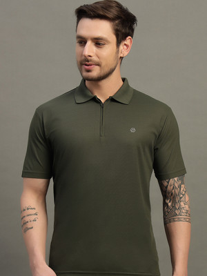 Nuovo Solid Men Polo Neck Dark Green T-Shirt