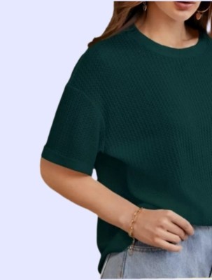 ROZZBY Solid Women Polo Neck Dark Green T-Shirt