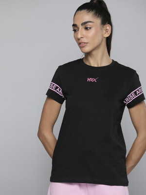 HRX by Hrithik Roshan Self Design Women Round Neck Black T-Shirt