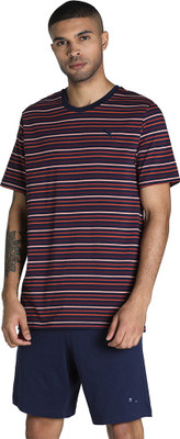 PUMA Striped Men Round Neck Blue T-Shirt