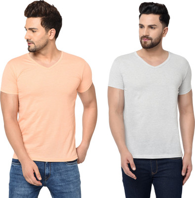 Tresna Fab Solid Men V Neck Pink, Grey T-Shirt