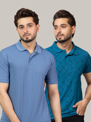 TRIUS Printed Men Polo Neck Blue T-Shirt