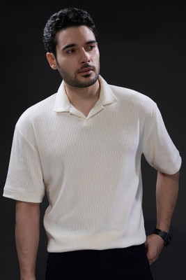 Maxzone Self Design Men Polo Neck White T-Shirt