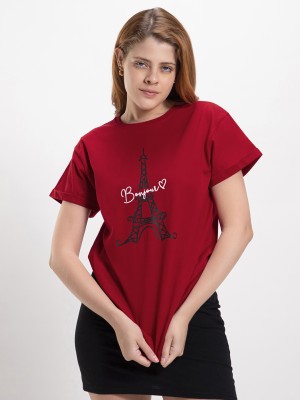 BEWAKOOF Printed Women Round Neck Red T-Shirt