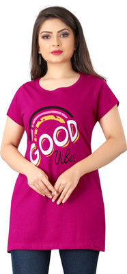 DEE LEAF Printed, Typography Women Round Neck Pink T-Shirt