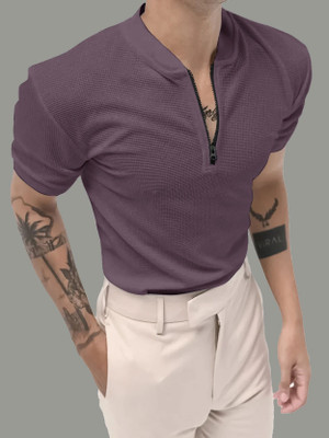 EyeBogler Solid Men Zip Neck Purple T-Shirt