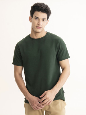 Damensch Solid Men Round Neck Dark Green T-Shirt