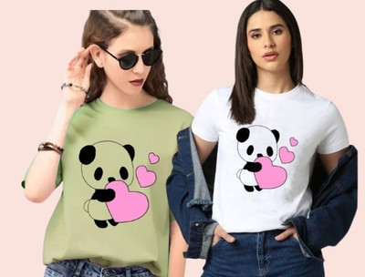 Lecowar Fashion Printed Women Round Neck Green, White T-Shirt