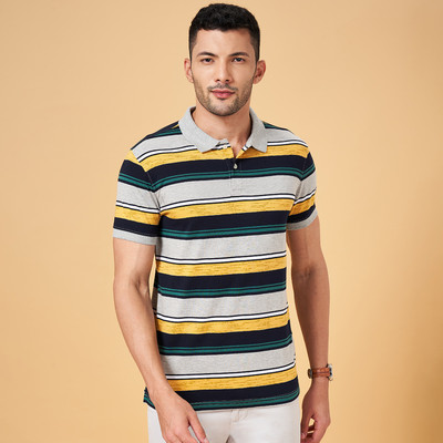 Byford by Pantaloons Striped Men Polo Neck Grey T-Shirt