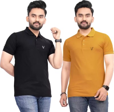 JH MART Solid Men Polo Neck Black, Yellow T-Shirt