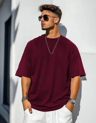 TeeBrozz Solid Men Round Neck Maroon T-Shirt