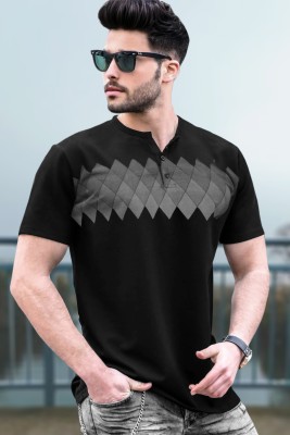 TRIPR Printed Men Mandarin Collar Black T-Shirt