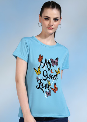 Moda Rapido Printed Women Round Neck Light Blue T-Shirt