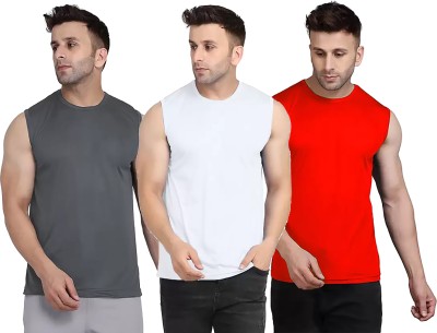 Think Tech Solid Men Round Neck Grey, White, Red T-Shirt