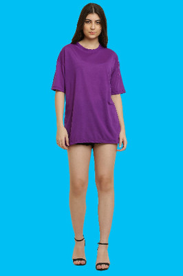 elegance redefined Solid Women Round Neck Purple T-Shirt