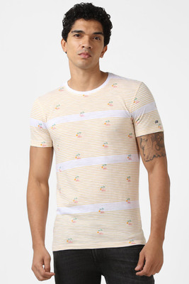 PETER ENGLAND Striped, Printed Men Round Neck Beige T-Shirt